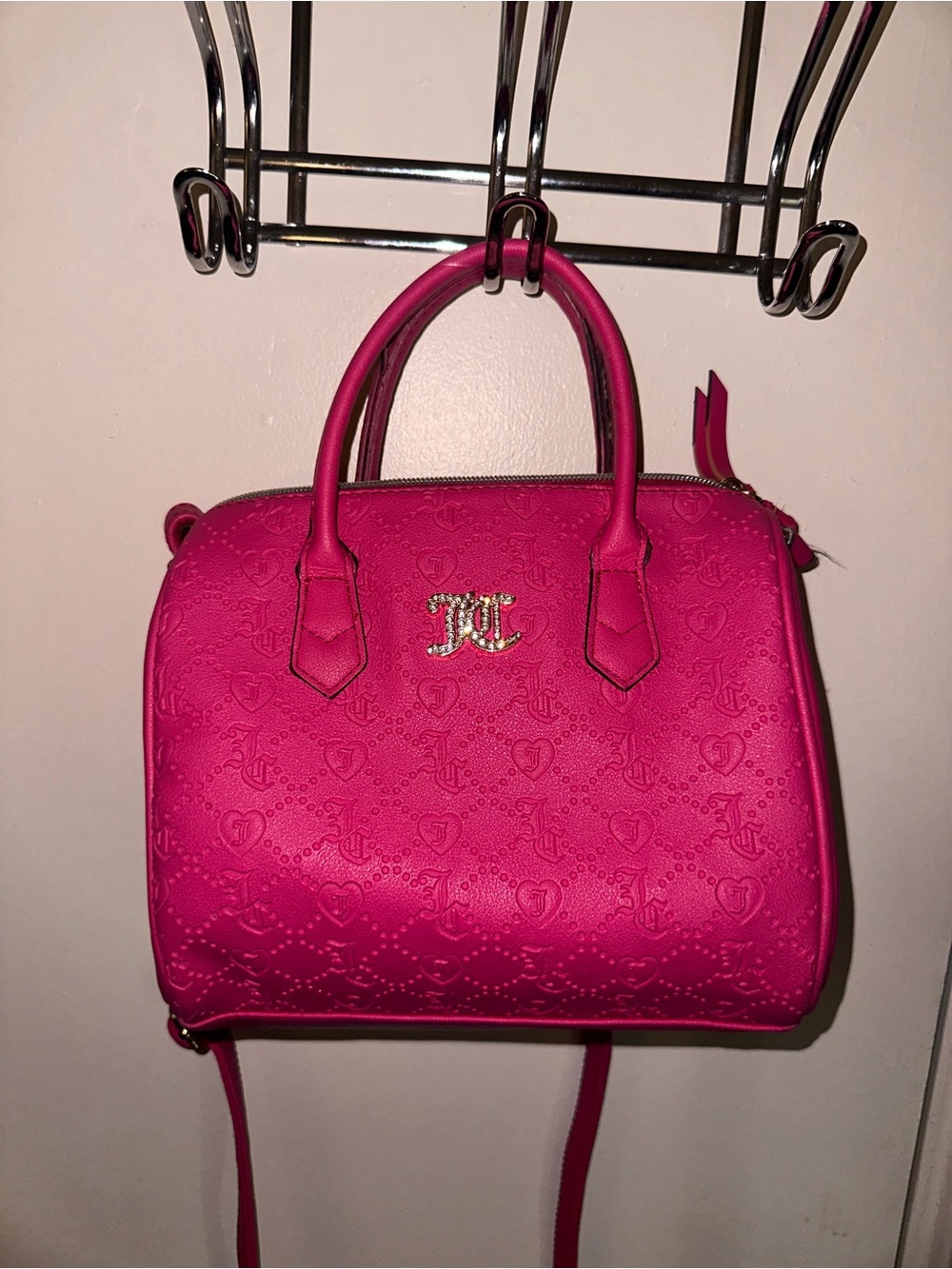 Juicy Couture Fuchsia Embossed Satchel Handbag with Rhinestone Logo